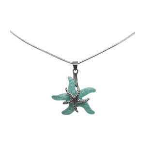 Starfish Pendant Necklace Silver Tone Snake Chain Aqua Sea Glass Style Lucite?
